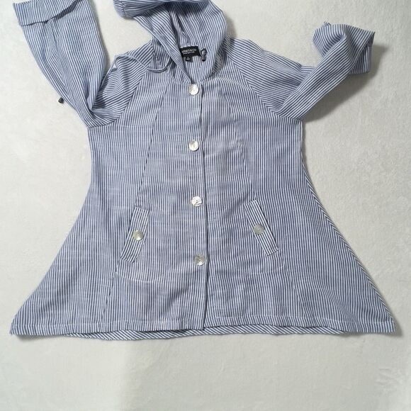 Jones & Co Linen Blend Hooded Jacket Womens Sz L Blue Striped Roll Tab Sleeves - Picture 11 of 11
